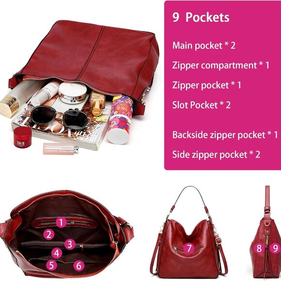 Large Faux Leather Hobo Tote Bag Women Shoulder Crossbody Purse Wallet Set - Picture 3 of 6